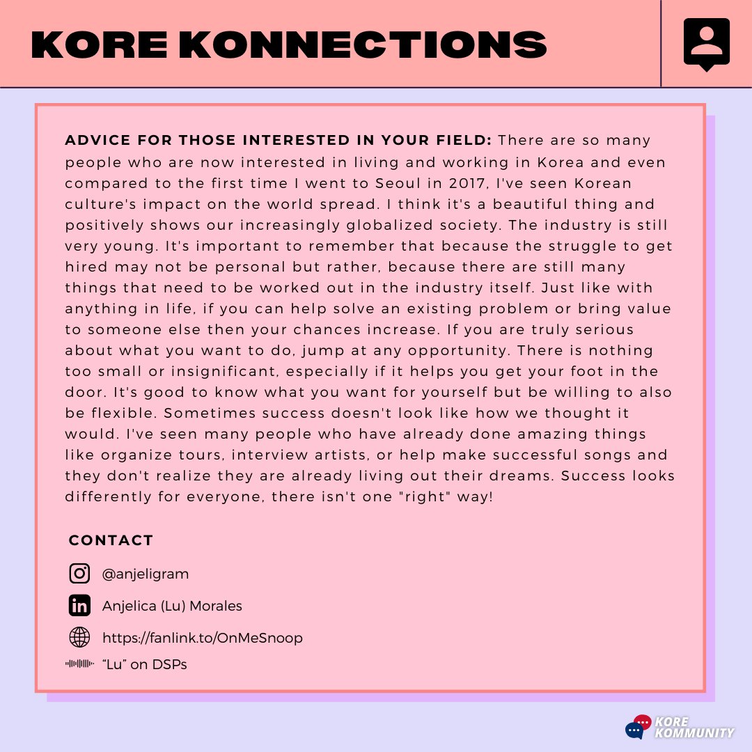korekommunity's tweet photo. (Pt. 2) Anjelica worked on the tracks and #MVs for Korean artists like #CAMO and #JAMIE before collaborating with the likes of Snoop Dogg and CeeLo Green for her own music 🎤

#kpop #krnb #monstax #junny #got7 #ikon #ab6ix  #koreajob #anr #musicindustry #koreainternship #seouljob https://t.co/UwvjxZoOmH