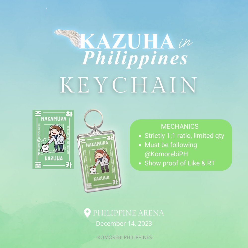 KomorebiPH's tweet photo. [📢] KAZUHA IN PHILIPPINES 🇵🇭

Here's the full mechanics how to get #KAZUHA freebies  on #AAA2023inPH  🥳🎉

ZUZU &amp; MOCCA KEYCHAIN GIVEAWAY 🍃
• 1:1, limited qty
• rt &amp; follow @KomorebiPH (show proof)
• loc: tba

#KAZUHA #카즈하 #カズハ #中村一葉
#LE_SSERAFIM #르세라핌 https://t.co/pfacn0oq6A