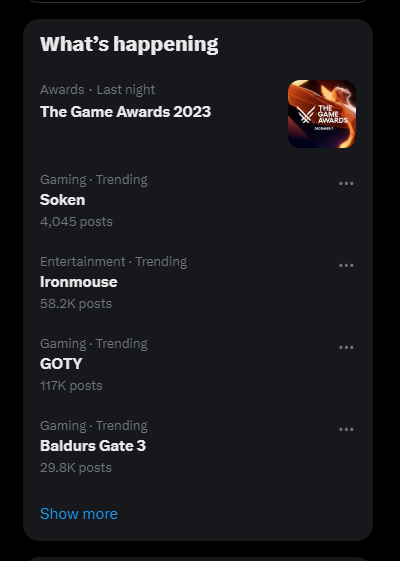ZyferTV's tweet photo. My what is happening list is full of my favoite things this season XD!!! Congrats to @ironmouse and @SOKENsquareenix you both make amazing content and @larianstudios for making  my Game of the decade!  I can't wait for #TheGameAwards next year! https://t.co/e7ViDyzrbX