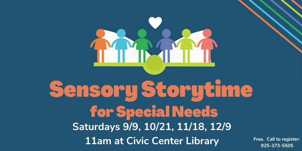 Sat. Dec. 9: Inclusive #SensoryStorytime in Storytime Rm @ #CivicCenterLibrary - 1188 S. Livermore Ave, #Livermore, CA.
❓ Sensory Storytime for Kids w/ Special Needs
🕒 11am
ℹ  Welcoming, interactive, sensory-friendly environment w/ visuals, preschool-level stories, activities.