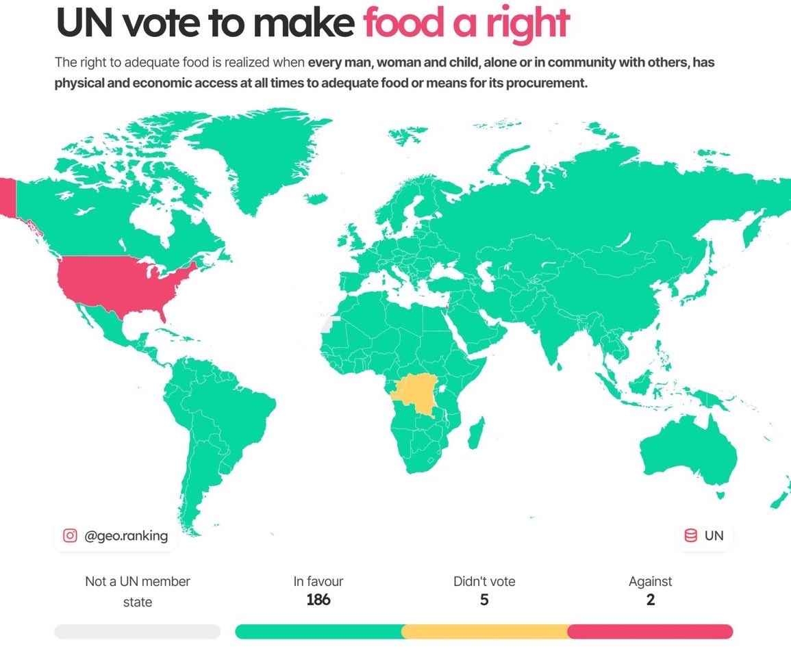 Just a fun little fact about the US and Israel In 2021, there was a vote in the UN on if food should be viewed as a basic human right. Out of nearly 195 countries, the United States and Israel were the only 2 that did not view food as a human right.