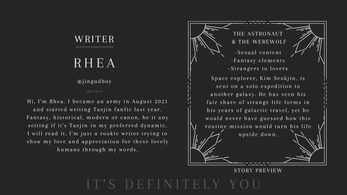 It’s Definitely You: Writers

@jingudboy is also sticking with the fantasy theme 🤩 #taejinzine