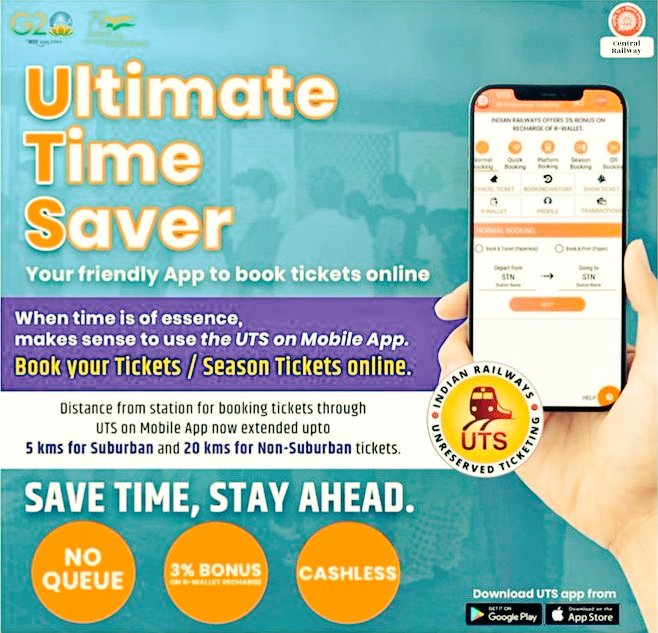drmmumbaicr's tweet photo. Your Ultimate #Time_Saver!
Say goodbye to long queues and hello to hassle-free ticket booking with the #UTS_app!
Book your train tickets online. Download the UTS app today and enjoy a seamless journey with just a few taps!
@RailMinIndia @Central_Railway https://t.co/ZHojUdSdHp