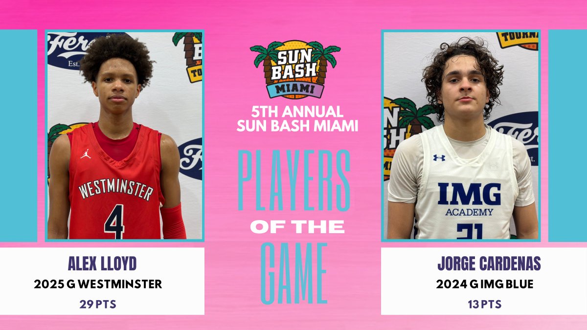 thehoopvibe's tweet photo. Game 2: @sunbashtourney Miami

Players of The Game

Left: 2025 6-3 G Alex Lloyd (Westminster) was cooking as a superb finisher and scoring in bunches. The junior is the real deal.

Right: 2024 5-10 G Jorge Cardenas (IMG Blue) came back from a hard fall early and battled all game long.