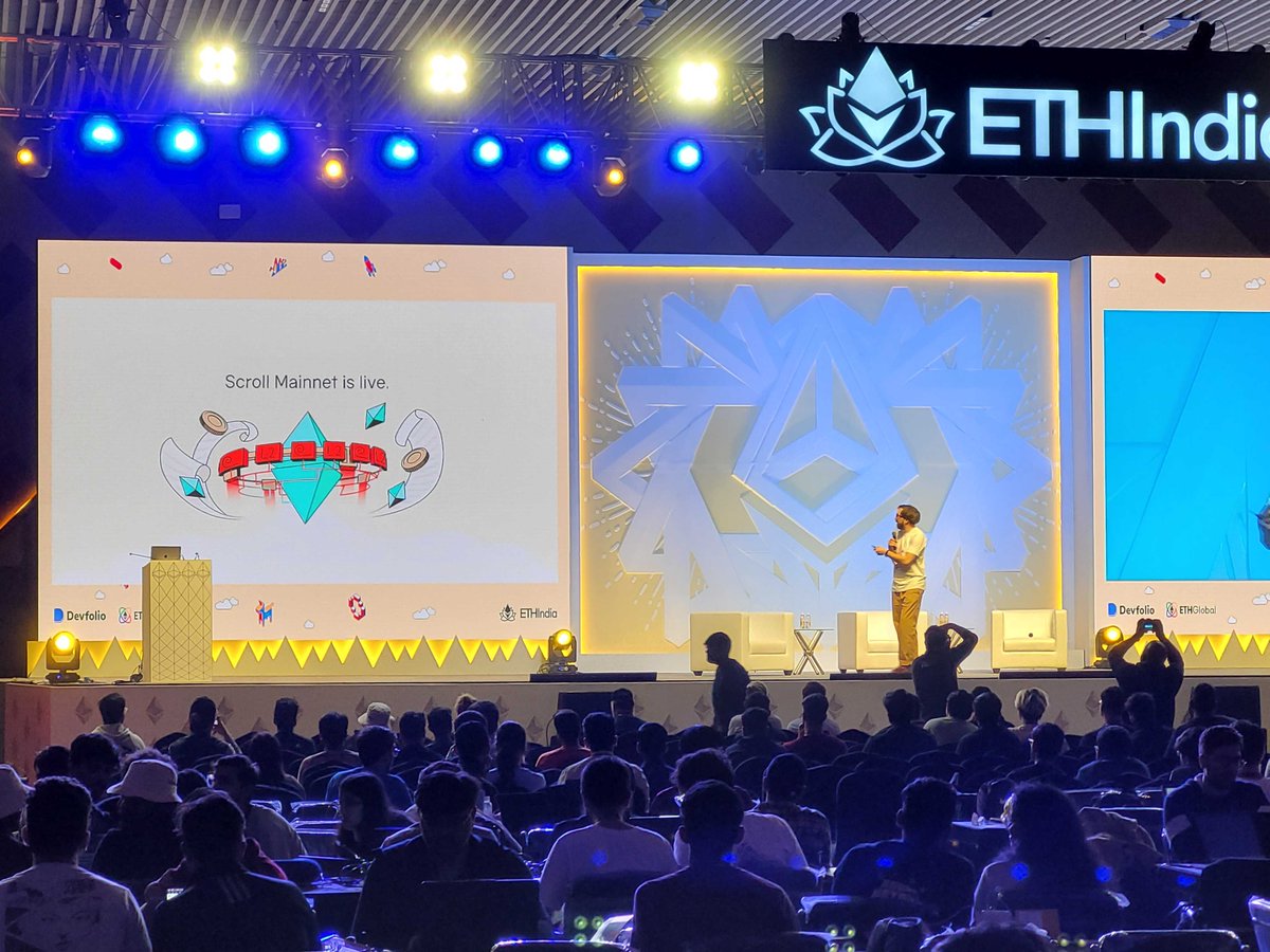 Our very own <a href="/dghelm/">Daniel Helm</a> introducing <a href="/Scroll_ZKP/">Scroll</a> and discussing our $17,000 prize pool at the opening ceremony of <a href="/ETHIndiaco/">ETHIndia</a> 🤩

We will be here until December 10th, so be sure to come and chat with us and collect some merch at our networking booth.