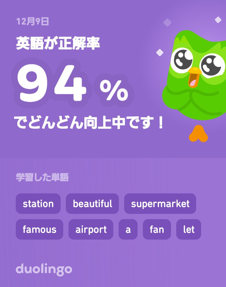 Duolingoで英語を学習中だよ！ゲーム感覚で気軽にできるDuolingoで一緒に学びませんか？楽しいよ♡