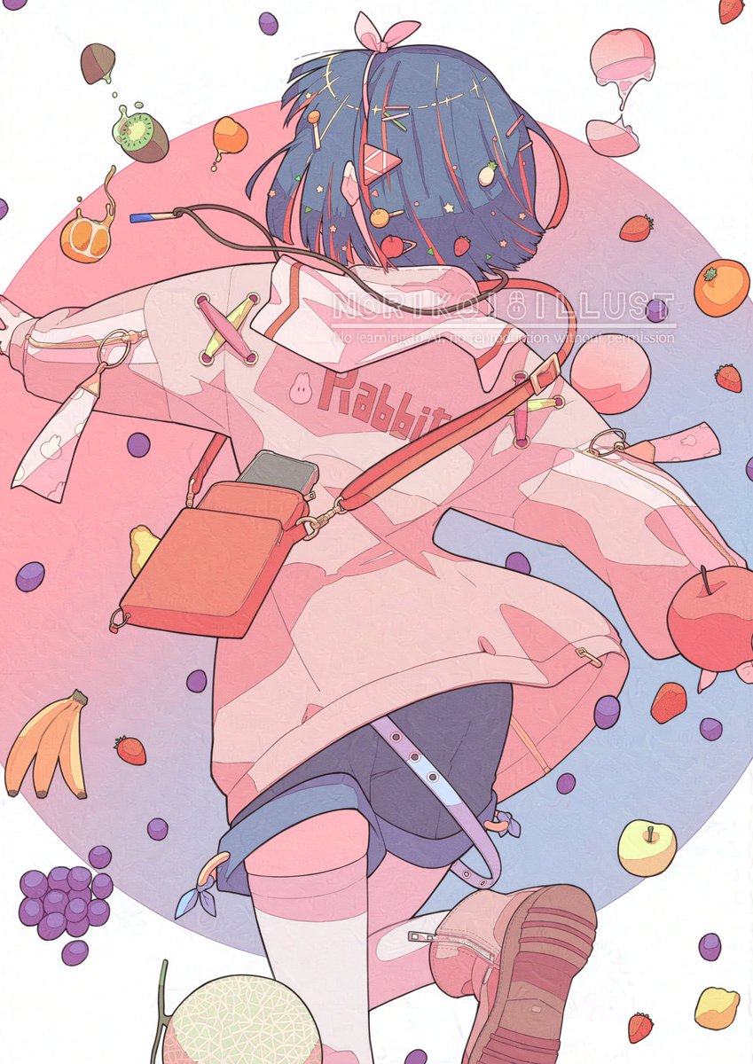 fruit food 1girl solo from behind blue hair shorts  illustration images