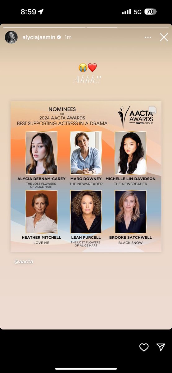 theDebnamNews's tweet photo. “Thank you @aacta for the nomination of Best Supporting Actress in a Drama Series - as well as 12 nominations for the show. Flowers is receiving it’s flowers! 

I am so honoured and grateful to be included in a line up of incredible actresses and it’s a very special moment for me to be acknowledged in my home country.

Thank you to Glendyn Ivin for guiding us all and to the entire cast, crew and production for all the hard work, love and dedication. 

To be nominated alongside THE Leah Purcell and Miss Sigourney Weaver... wild. ✨✨✨” — Alycia