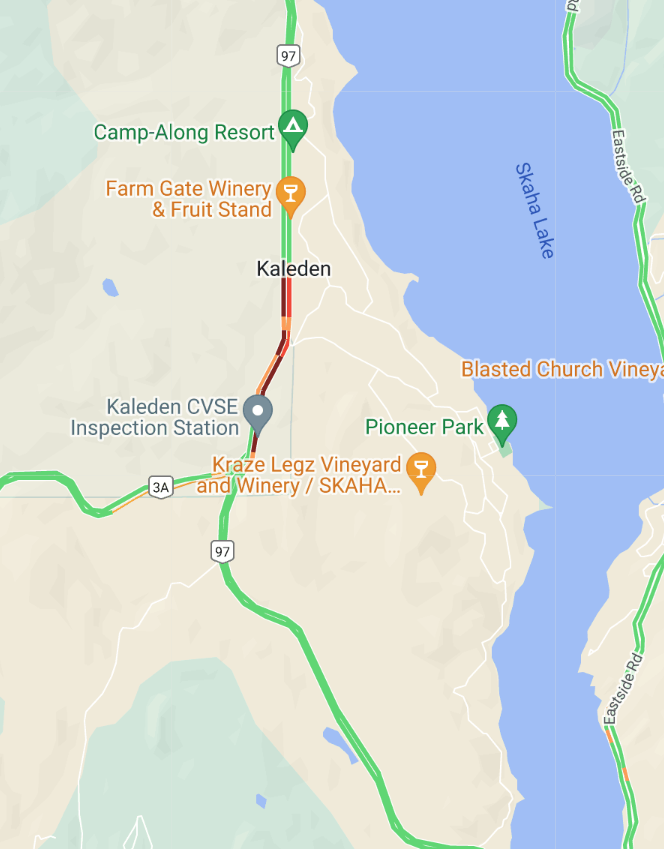 DriveBC's tweet photo. ⛔️ #BCHwy97 - vehicle incident at Lake Hill Drive in #KaledenBC. The northbound lanes are CLOSED. Assessment in progress.
#PentictonBC https://t.co/nn8mfxJwkU
