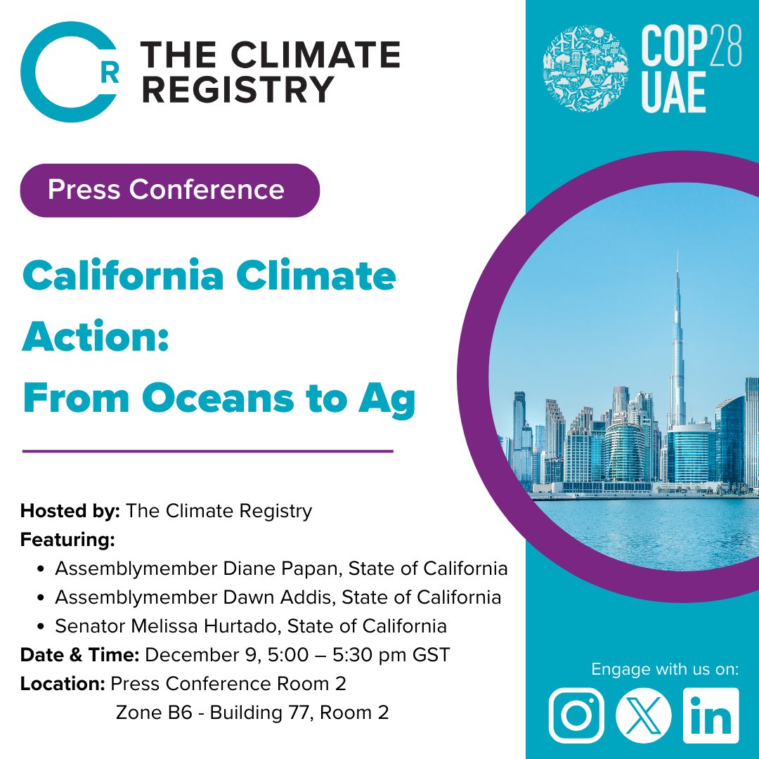 Happy Oceans Day from COP 28!

Join us at 5pm in Press Conference Room 
2 for our COP 28 Press Conference on CA Climate Action ft. <a href="/AsmDianePapan/">Assemblymember Diane Papan</a> <a href="/AsmDawnAddis/">Assemblymember Dawn Addis</a> <a href="/Senator_Hurtado/">Senator Melissa Hurtado</a>! 

Visit bit.ly/3TcFA9j to watch the livestream. 
#COP28UAE #oceans #California <a href="/COP28_UAE/">COP28 UAE</a>
