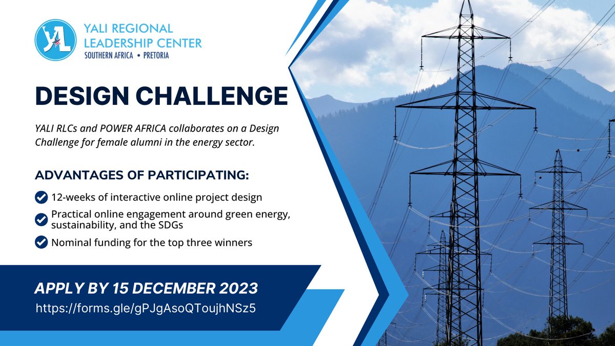 CALLING ALL YALI ALUMNI! Join @YALI_SAfrica/POWER AFRICA Design Challenge to tackle the energy crisis in Africa. The challenge is open to women alumni in the energy sector.

🔷 APPLY BY DEC 15: ow.ly/KgN550QeoeT

#YALI #DesignChallenge #EnergyInnovation @YALI4AFRICA