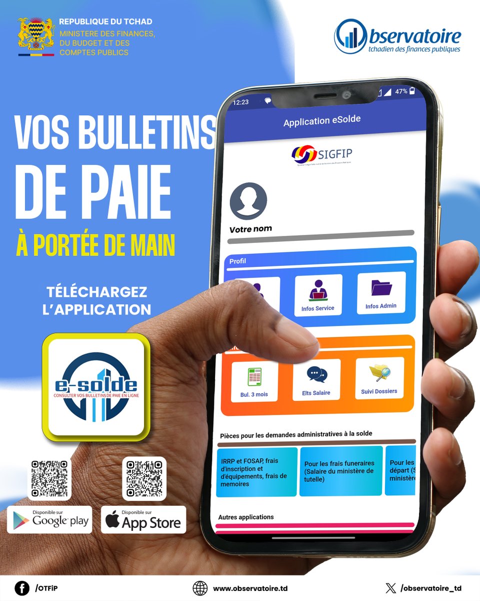 Observatoire_TD's tweet photo. Vous pouvez désormais accéder à vos bulletins de paie par téléphone, grace à notre application e-SOLDE.
L'application est disponible sur Google Play et App Store.
#observatoiretchadien #otfip #esolde #Bulletin #paie https://t.co/Ifw8AhMxIV