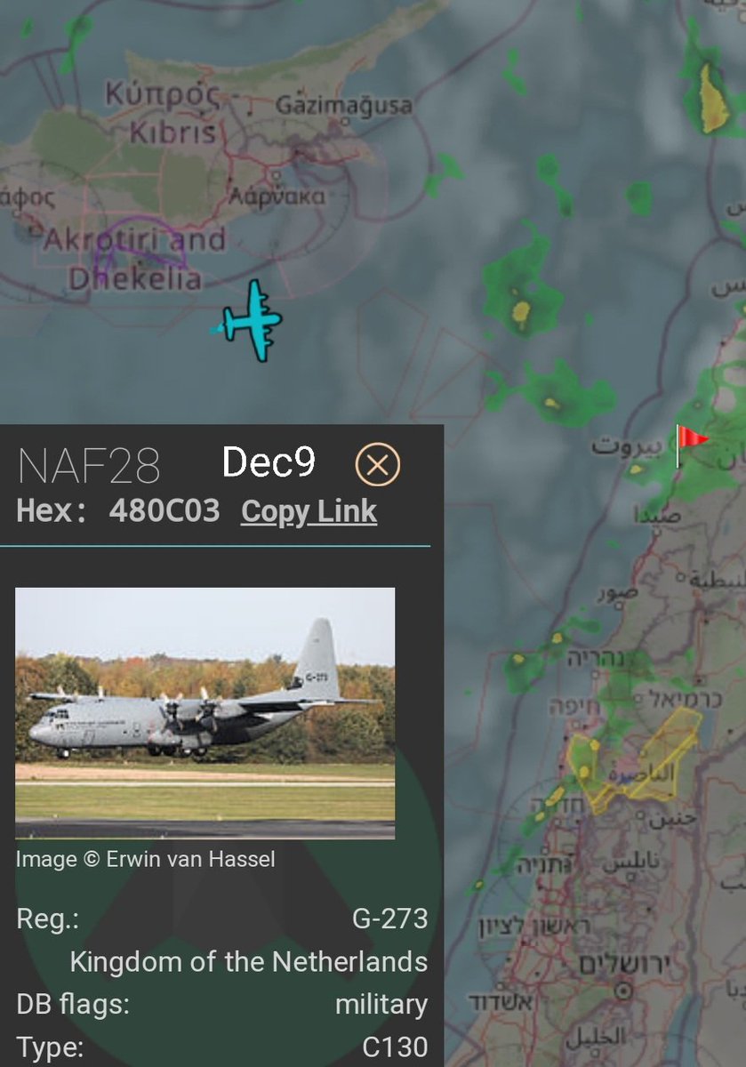 LebanonJets's tweet photo. Military: Royal Netherlands Air Force (Koninklijke Luchtmacht) #C130H Reg #G273 hex #480C03 left #Paphos #Pafos #Cyprus arrived into #Beirut on Dec4 this same aircraft landed in #Hamat https://t.co/PCPULMEoFj https://t.co/WPoPeHPS6o
