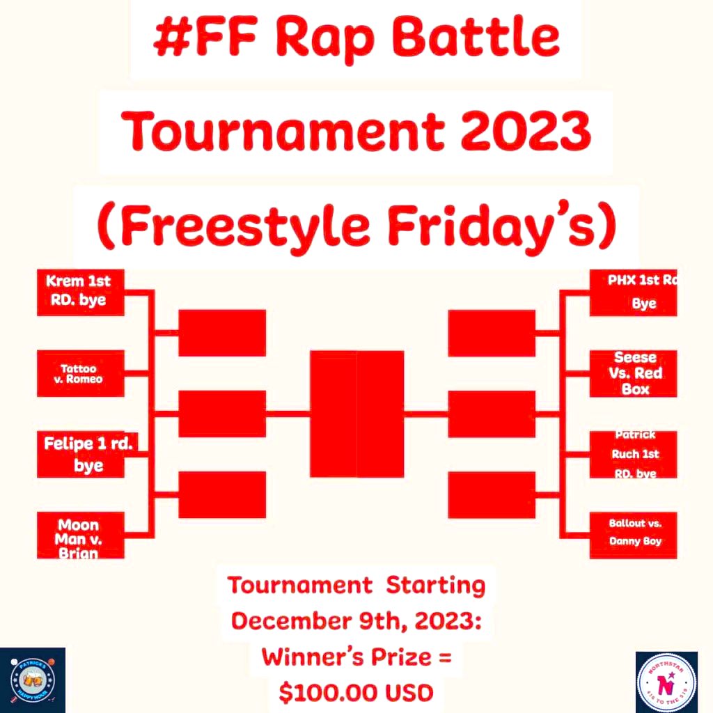 NORTHST35521615's tweet photo. Tonight: Saturday, December 9th @ 10PM ET / 9PM CT / 8PM MT / 7PM PT / 3AM GMT / 12PM GST #FF presents the 2023 Rap Battle Tournament!

10:15PM ET — @balloutcrypto vs. @Mokhannn 

10:45PM ET — @TheMoonMan_ vs. @KelechiB_ 

11:15PM ET — @daniel_seese vs. @Redbox_OP 

11:45PM ET — @Tattoojake187 vs. @Sir_Cut_Em_Up