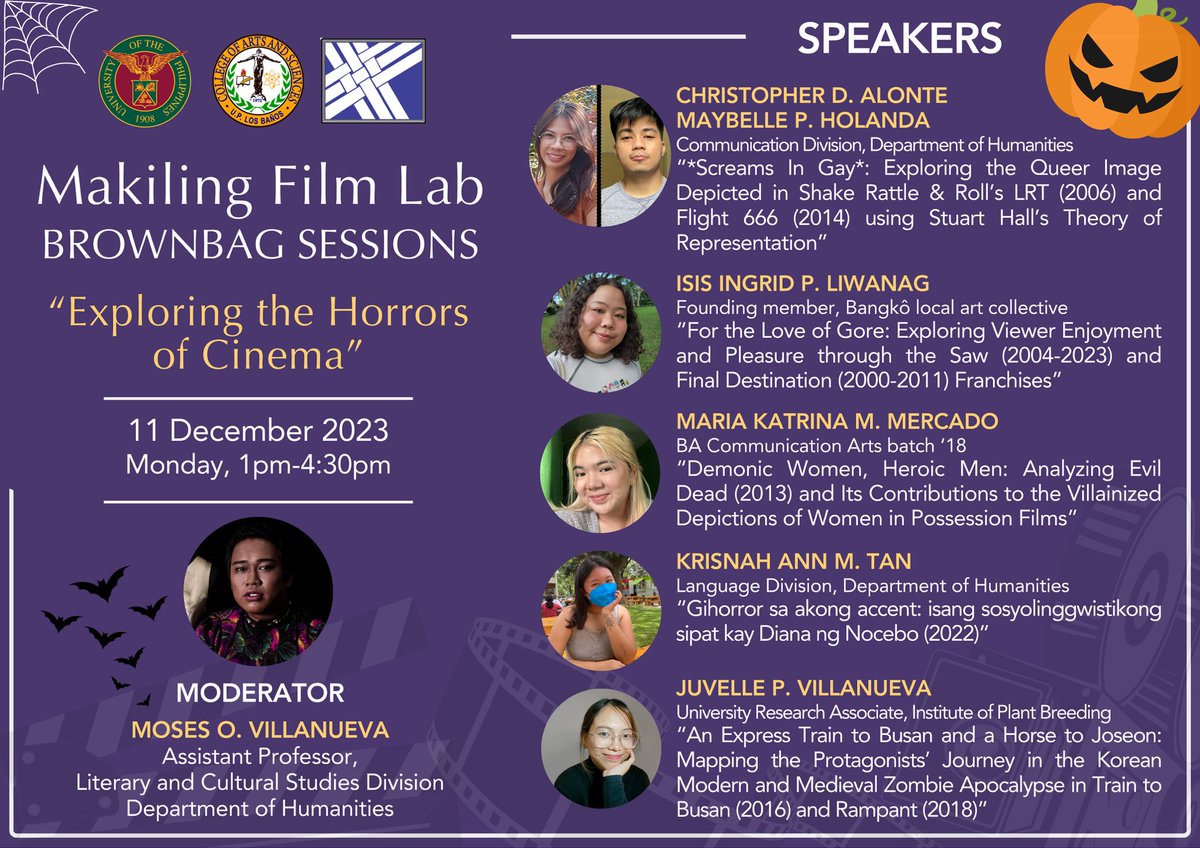 moivillanueva's tweet photo. Tara na sa Makiling Film Lab! “Exploring the Horrors of Cinema” Brown Bag session this 11th of December 2023 (Monday) from 1:00pm to 4:30pm.

You may access their abstracts and register to reserve your slots via this Google Form: https://t.co/maMtUOf5AF

MABUHAY ANG PELIKULA! 💖 https://t.co/1zXjiyWyxO