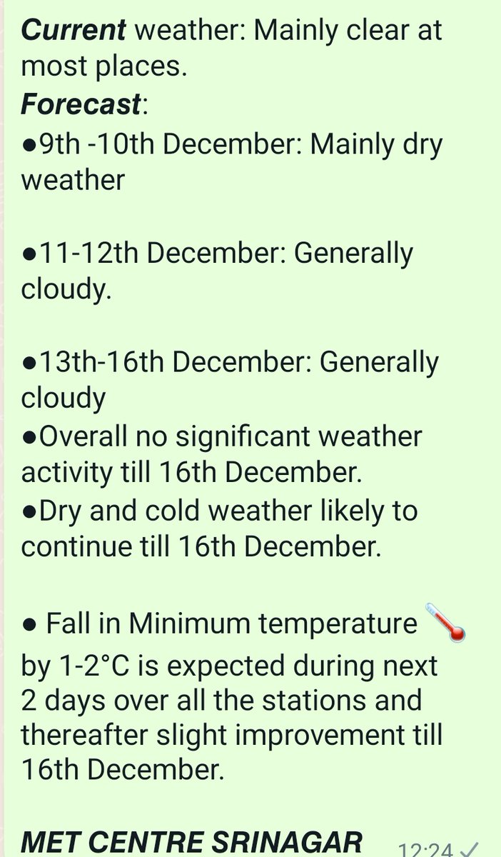 KashmirScan's tweet photo. #WeatherUpdate
Dry, cold conditions expected till 16th Dec. A decrease in minimum temperatures by 1-2°C anticipated in the next 2 days, followed by slight improvement until 16th Dec: @metsrinagar
#JammuKashmir #FreezingTemperature https://t.co/xhV6NBI8Eh