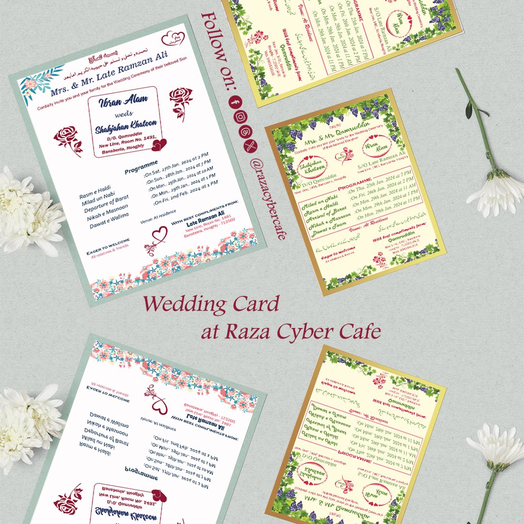 💌 Your Love Story, Our Creativity! 🎨✨ Looking for the perfect wedding cards or digital invitations? Discover the art of celebration at Raza Cyber Cafe. Let's make your special day unforgettable! 💖 

#RazaCyberCafe #WeddingCards #DigitalInvitations #UniqueDesigns