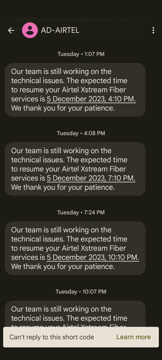satish_g's tweet photo. As a community we lost trust in the @Airtel_Presence,@airtelindia support. We don't have a person to contact and customer care doesn't seem to care apart from giving new date.With no choice, as a community we will think of shifting connection to different ISP provider. https://t.co/5mO93a2HOI