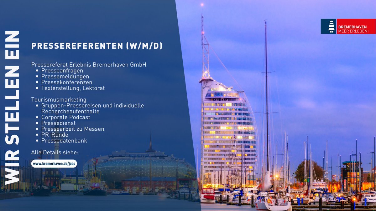 Deine Zukuft in Bremerhaven! Alle Details zur Stellenausschreibung sind jetzt auf bremerhaven.de/jobs zu finden. #bremerhaven #presse #job #stellenausschreibung #tourismusmarketing