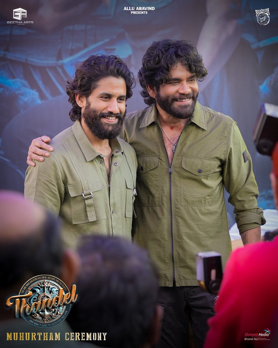 HaashtagCinema's tweet photo. Father and son makeover goals.🌟🤩

King @iamnagarjuna
Yuvasamrat @chay_akkineni from #Thandel Muhurtham Ceremony. ✨💫
#Dhullakotteyala 🔥 https://t.co/VtNGHX5m8Z