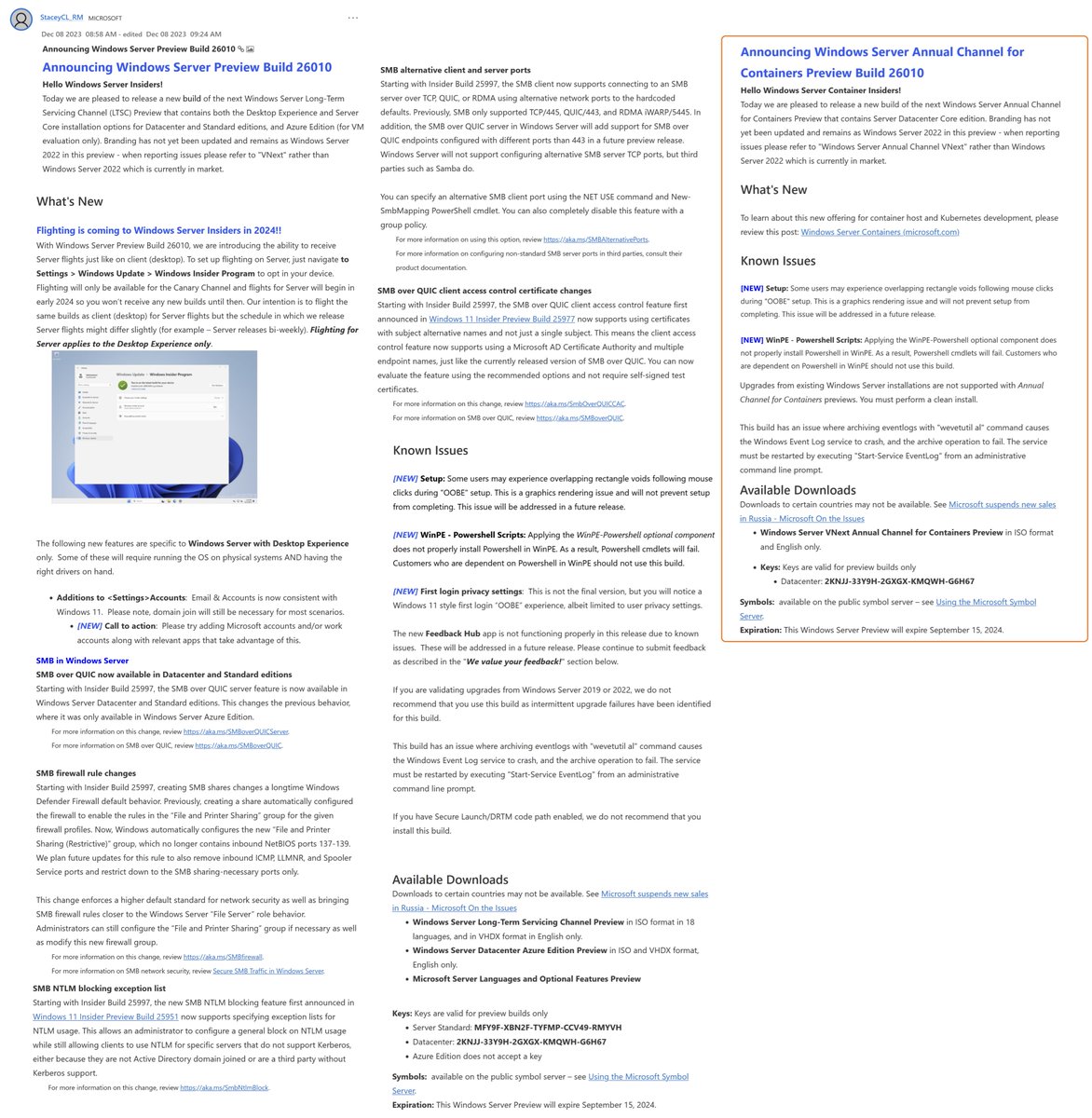WZorNET's tweet image. ✌️😻December 7, 2023 Microsoft announcing 🏗️#InsiderPreviewBuild /26010.1000.rs_prerelease.231201-1336/ Windows Server vNext #LTSC #DesktopExperience/#ServerCore😼👉techcommunity.microsoft.com/t5/windows-ser… and Windows #ServerAnnualChannel for Containers👨‍🔧👉  techcommunity.microsoft.com/t5/windows-ser…