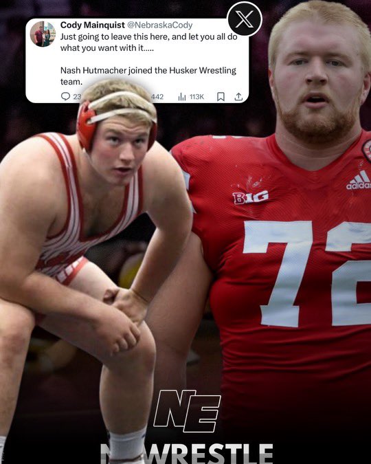 NEBwrestle's tweet photo. Husker football player Nash Hutmacher has been working out in the Husker wrestling room. He was one of the top 285’s in the country, and was a four time State Champion with a 166-0 career record. 👀 https://t.co/xr9dVMT9M0