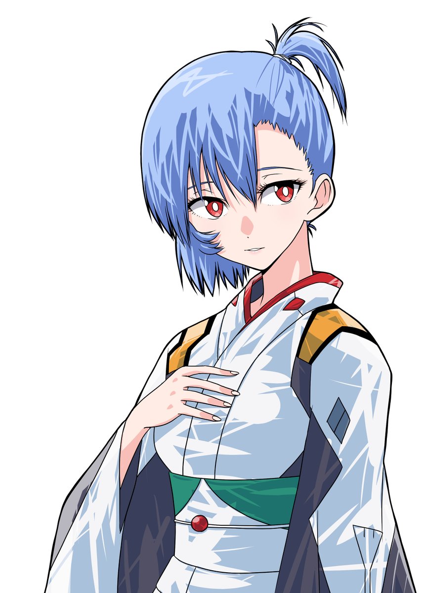 ayanami rei 1girl solo kimono blue hair japanese clothes red eyes white pupils  illustration images