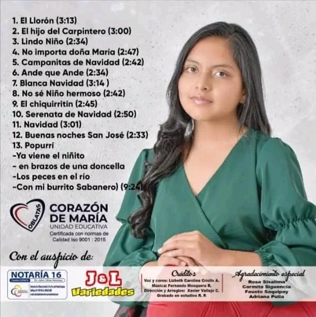 FAzuay2's tweet photo. Un proyecto que inició entre risas, desvelos, esfuerzo y mucha dedicación llamado :
#SERENATADENAVIDAD con una voz dulce  interpretando villancicos.
Felicitamos a nuestra Compañera #LIZBETHCAROLINA  por su primer trabajo discográfico.
Contacto:0969300453
@lunapiedra1 
@WRadioec https://t.co/yeo1w3jbwo
