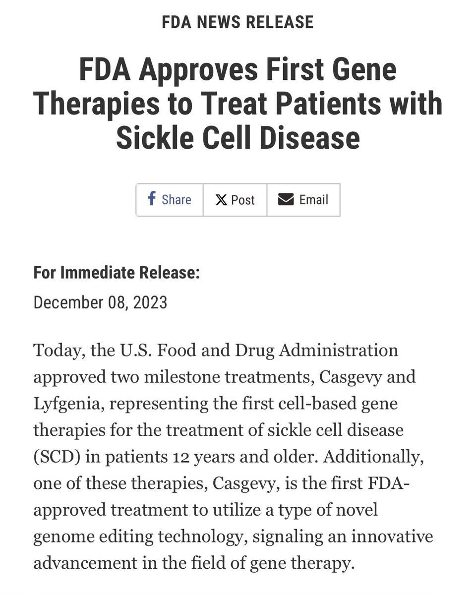 FDA-approved ✅ Such exciting news in the world of sickle cell therapy! Transformative! fda.gov/news-events/pr… #SCD #SickleCellDisease #SickleCell #FDA #Heme #HemOnc