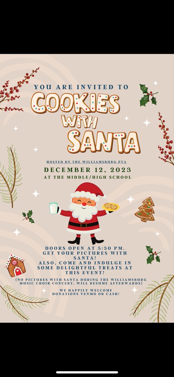 We hope you can join us for our choir concert on Tuesday, December 12. Make note that our PTA has arranged for Santa to join us!