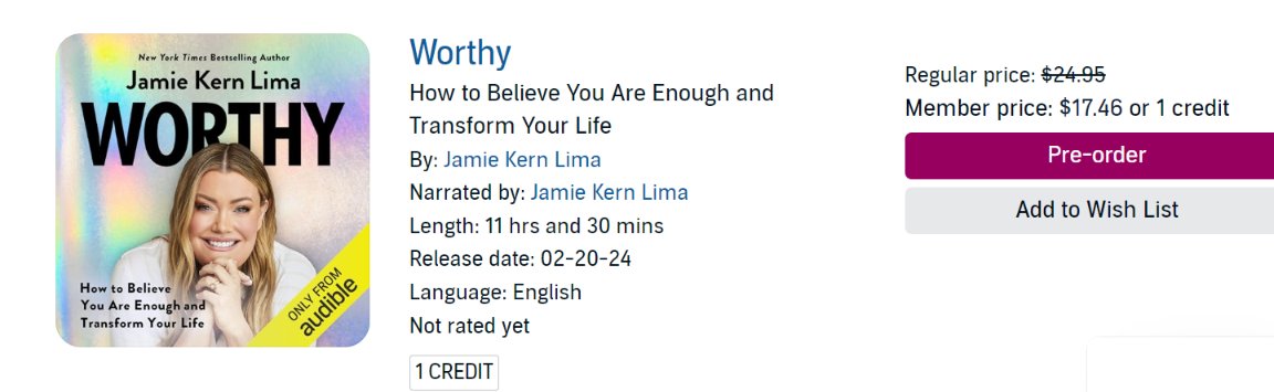 RozSpirations's tweet photo. SO EXCITED...
@JamieKernLima's Upcoming NEW Book *Worthy,* is NOW available for Pre-Order on @audible_com - 11 Hours Long

WOW... I was waiting for that. I already Pre-Ordered my Hard Cover copy from Amazon. I like both, this way I can listen and highlight, and/or re-read sections!  

Can't wait...  LOVE LOVE LOVE Jamie Kern Lima! She is honest, transparent and so VERY inspiring! ♥

#RozSpirations #Worthy
