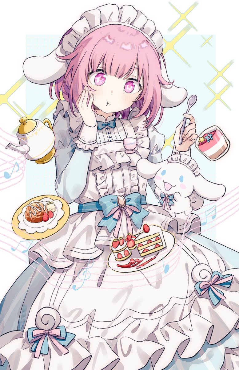 cinnamoroll ,ootori emu 1girl food pink hair dress maid headdress cake animal ears  illustration images