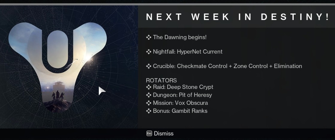 12 December 2023 (Weekly Reset)
Next Week in Destiny 2 
------------------------
#destiny #bungie #PS5 #destinythegame #xbox #crucible #TheGameAwards #hunter #pvp #titan #warlock #memes #beyondlight #twitch #destinymemes #trialsofosiris #playstation #ironbanner #destinycommunity