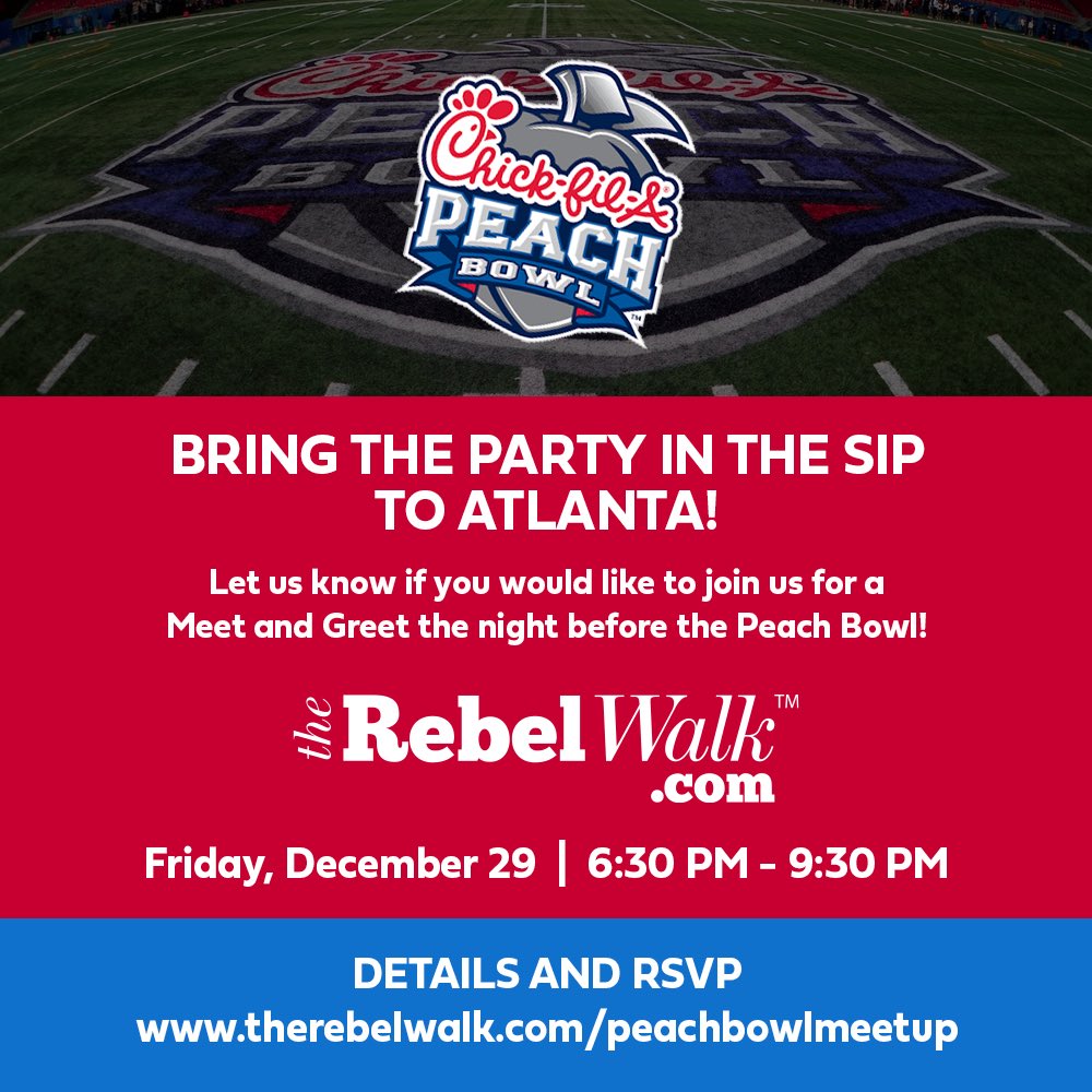 TheRebelWalk's tweet photo. Hey, Rebels! Come join us as we bring the Party in the ‘Sip to Atlanta! 🏈🍑
We’d like to see who’s interested in a meet-and-greet on Fri., Dec. 29, from 6:30-9:30 pm.
It’s free, but space is limited, so RSVP and let us count you in! Visit https://t.co/7F4cW7MLtW for details. https://t.co/GBtn6iZevW