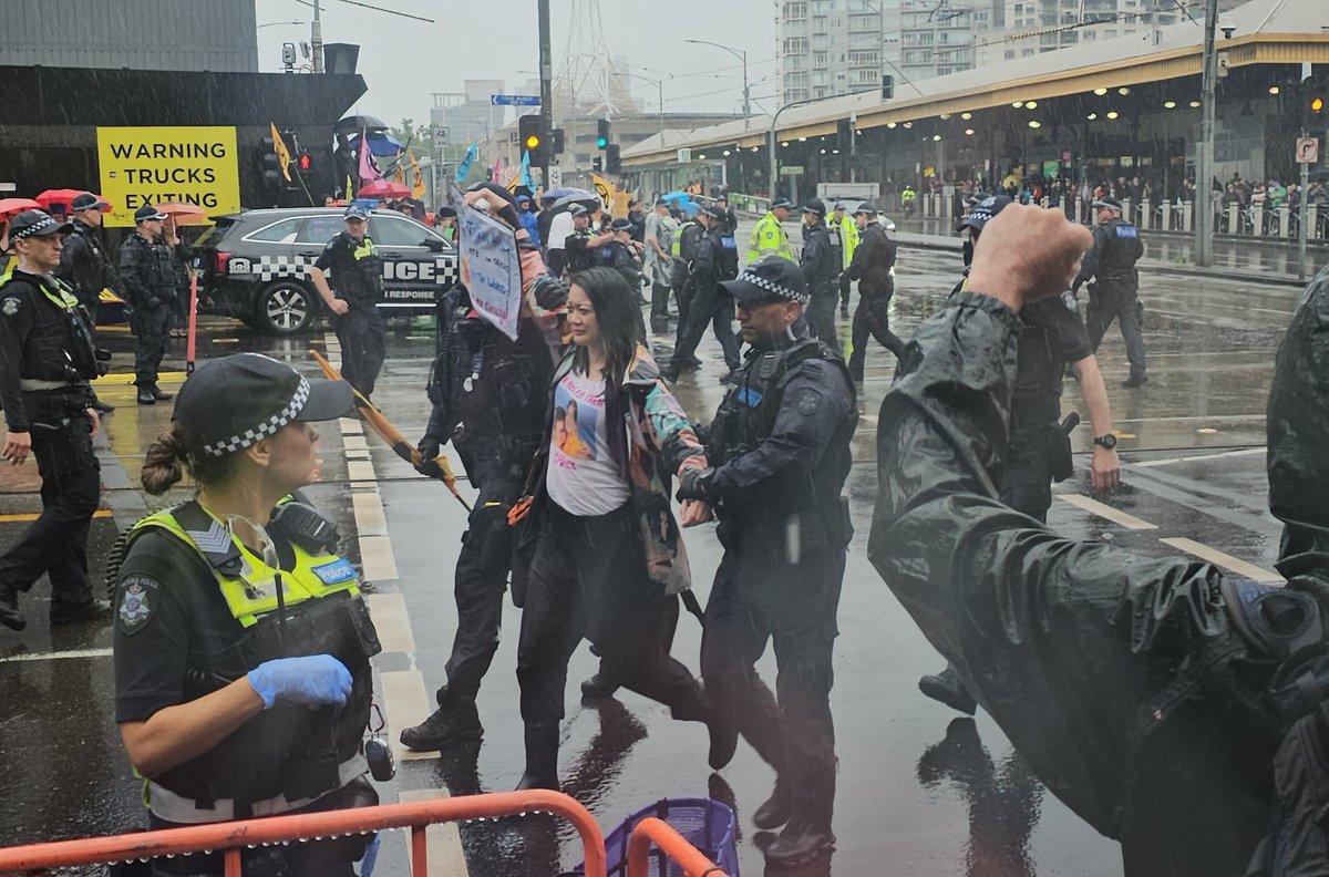 lukebuckmaster's tweet photo. Big #extinctionrebellion protest in Melbourne - slow march through city ended with large group sitting on road in front of Flinders St station. Many arrests including prominent philosopher and author Raimond Gaita #climateactionnow #COP28 https://t.co/7QMfMzU7If