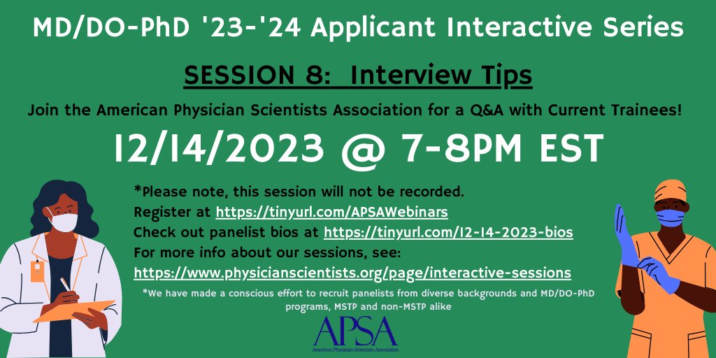 Interviewing for MD/DO-PhD programs? The next @A_P_S_A webinar might be for you! On 12/14 @ 7pm EST, current trainees will be available to offer advice/answer Qs for MD/DO-PhD applicants wondering about the interview process. Register for FREE here! tinyurl.com/APSAWebinars 1/2