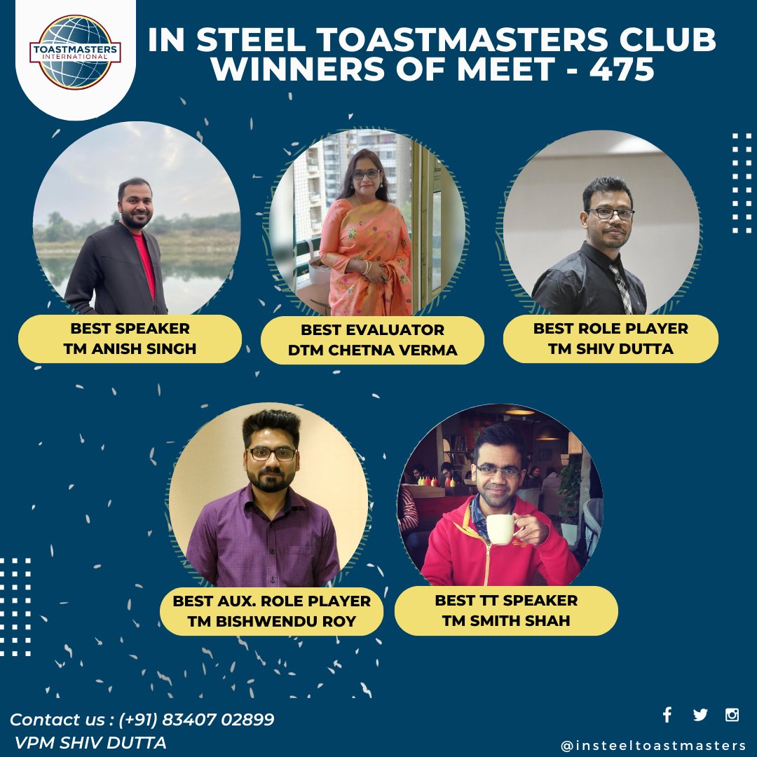 InsteelTM's tweet photo. Congratulations to the winners of Meet 475🥳🥳💫💫⭐⭐

🏅 Best Speake : TM Anish Singh
🏅 Best Evaluator: DTM Chetna Verma
🏅Best Role Playe : TM Shiv Dutta
🏅 Best Aux. Role Player: TM Bishwendu Roy
🏅 Best TT Speaker: TM Smith Shah

#toastmasters #toastmastersinternational https://t.co/XTyrWCVeOm