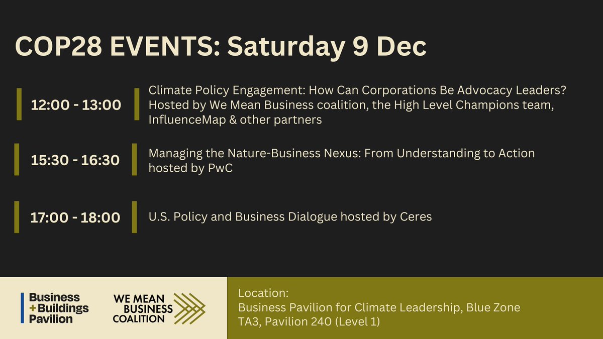 🗣️ Events taking place at #COP28 today... Join in person or online here: wemeanbusinesscoalition.org/cop28-business…