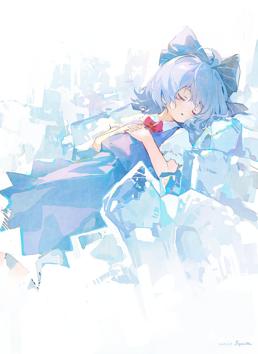 cirno 1girl solo bow blue hair dress ice closed eyes  illustration images