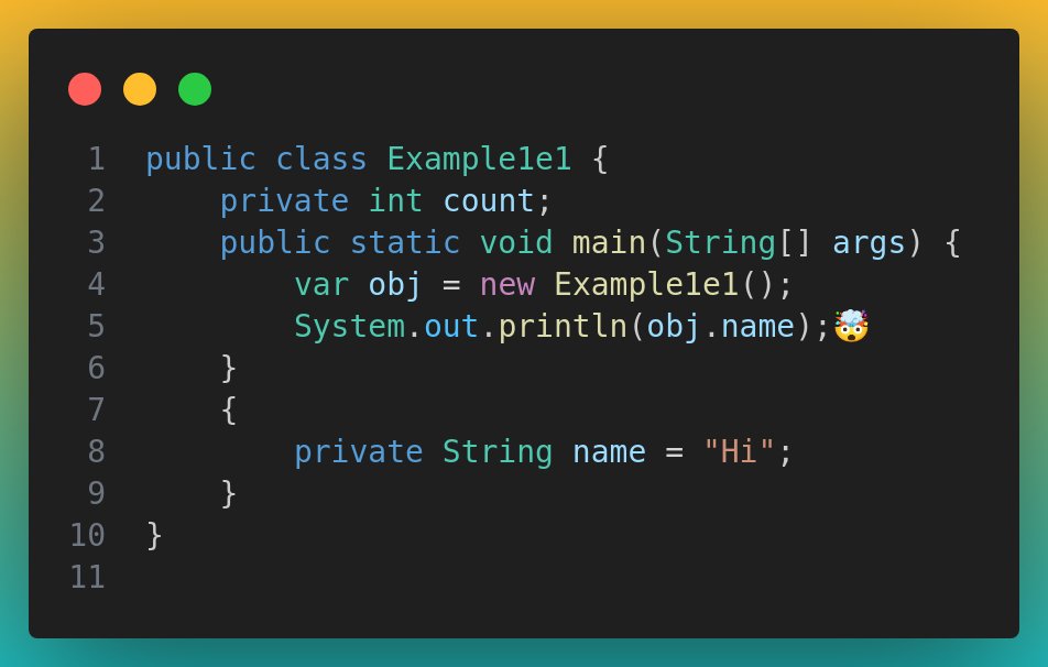 shiderdev's tweet image. Why is line 5 causing a compile error?
ⓐ name is a private field
ⓑ name is referenced before it's declaration
ⓒ name is not visible outside of the block scope
ⓓ line 5 compiles correctly but name is not declared correctly on line 8
#javacertification #100daysofcoding