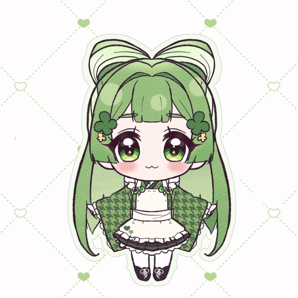 1girl solo green hair chibi apron :3 green eyes  illustration images