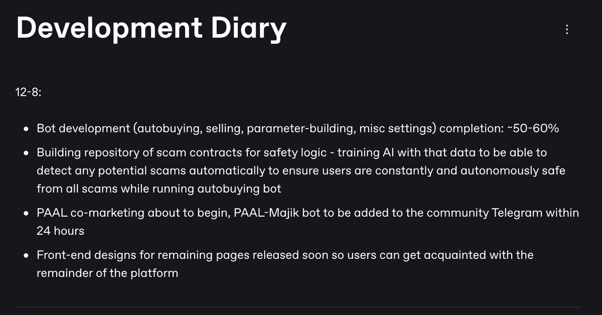 MajikBots's tweet photo. Further dev updates on $MAJIK:
-Bot development (autobuying, selling, parameter-building, misc settings) completion: ~50-60%
-Building repository of scam contracts for safety logic - training AI with that data to be able to detect any potential scams.

1/ https://t.co/J5ewEMYLmy