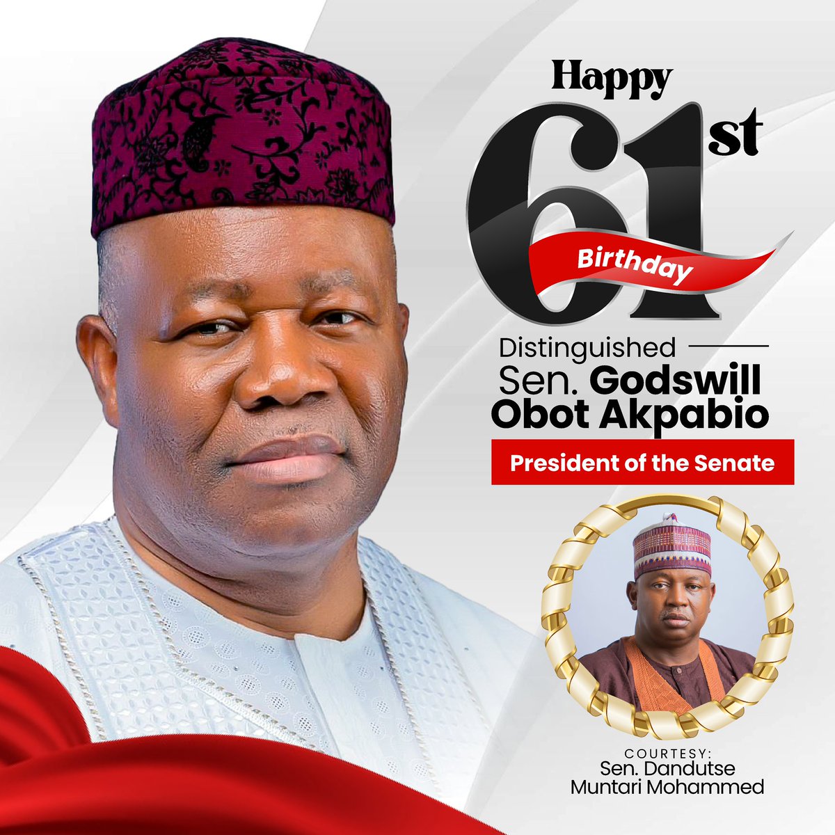 Happy 61st Birthday, Distinguished Senator Godswill Obot Akpabio, President of the Senate. 

May this special day bring you joy, good health, and abundant blessings. Your dedication and service to our country are truly appreciated. Wishing you continued success ahead.