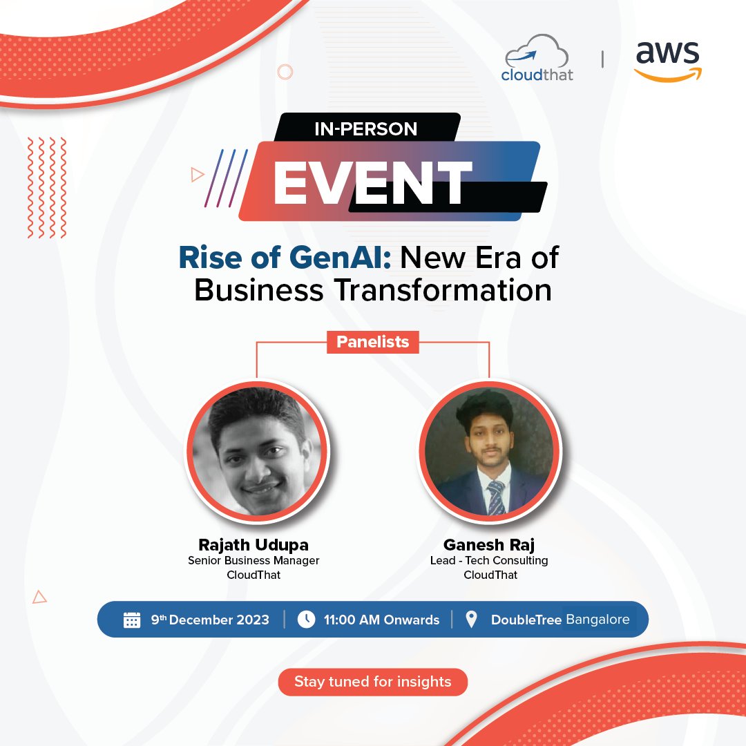 cloudthat's tweet photo. We are just moments away from power-packed conversations during our sought-after event "Rise of GenAI: New Era of Business Transformation hosted" by the dynamic Saumya Singh (@saumya1singh). Stay with us for highlights from the session led by Rajath Udupa, Senior Business Manager, CloudThat and Ganesh Raj V Raj, Lead – Tech Consulting, CloudThat.

@PrarthitM | @susiljena06 | @DivyaV799| @awscloud

#RiseofGenAI #GenAIRevolution #BusinessTransformation #TechInnovation #FutureofBusiness #AIInnovation #GenAIStrategy #BangaloreEvent #DigitalTransformation #InnovationJourney #IntelligentAutomation #DataDrivenDecisionMaking #TechEvent #IndustryLeaders #BusinessInnovation