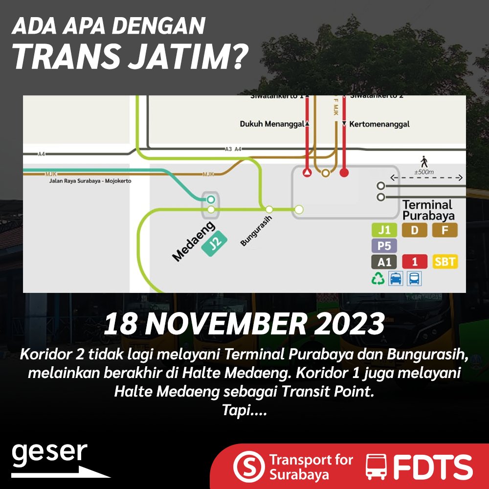 tfsurabaya's tweet image. Per tanggal 18 November 2023, secara mengejutkan Trans Jatim memposting informasi bersamaan dengan dibukanya beberapa halte baru mulai dari Krian hingga Sepanjang. Trans Jatim Koridor 2 kini tidak lagi masuk ke Terminal Purabaya, melainkan hanya sampai Halte Medaeng