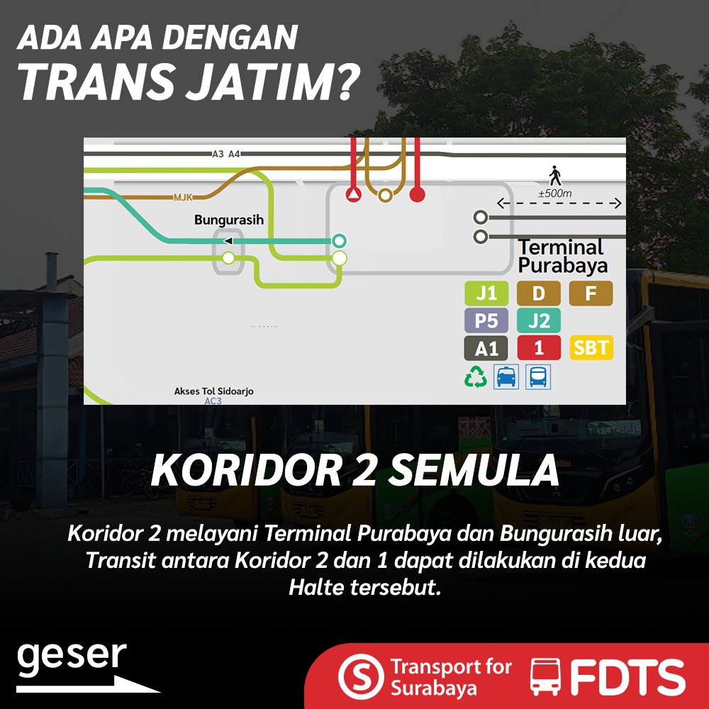 tfsurabaya's tweet image. Per tanggal 18 November 2023, secara mengejutkan Trans Jatim memposting informasi bersamaan dengan dibukanya beberapa halte baru mulai dari Krian hingga Sepanjang. Trans Jatim Koridor 2 kini tidak lagi masuk ke Terminal Purabaya, melainkan hanya sampai Halte Medaeng