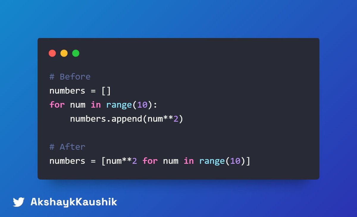 AkshaykKaushik's tweet image. Instead of using for loops for simple tasks, consider using list comprehensions or built-in functions like map and filter. They&apos;re often faster and cleaner.

#PythonOptimization #ListComprehensions
