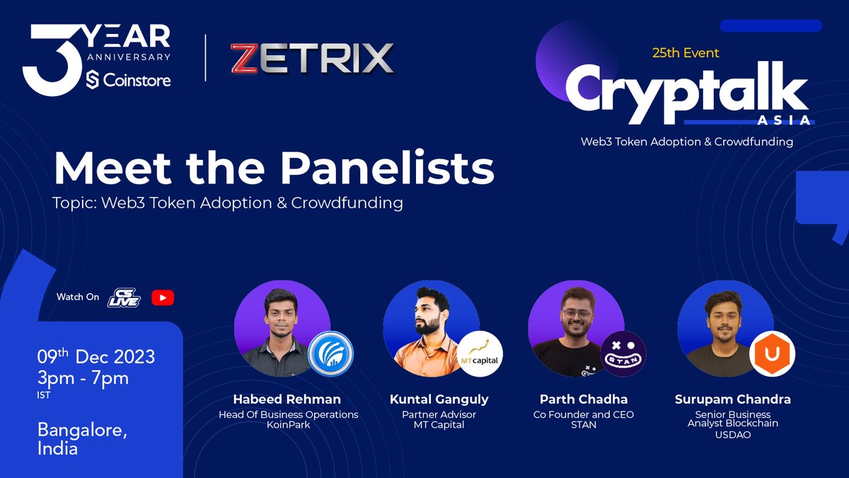 CoinstoreExc's tweet photo. 🔥 Join us for an insightful panel discussion on Web3 Token Adoption & Crowdfunding at the 25th Cryptalk Asia! 🎉

Featuring industry experts:
🎤 Habeed Rehman @KoinPark

🎤 Kuntal Ganguly @MTCapital_US
 
🎤 Parth Chadha @getstanapp
 
🎤 Surupam Chandra @usdao_io

🗓️ Dec 9th, 3 PM - 7 PM IST |
📍 Bangalore, India

Don't miss out! 

#Cryptalk #Coinstore #Bangalore