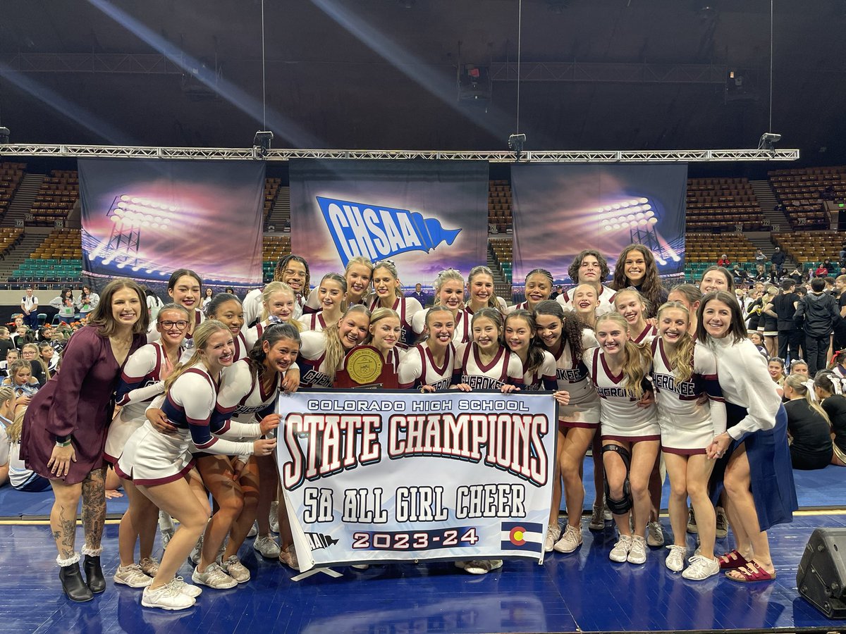 CHSAA's tweet image. Congratulations to Cherokee Trail for winning the Spirit State Championship for 5A Cheer, and to Douglas County for finishing runner-up
