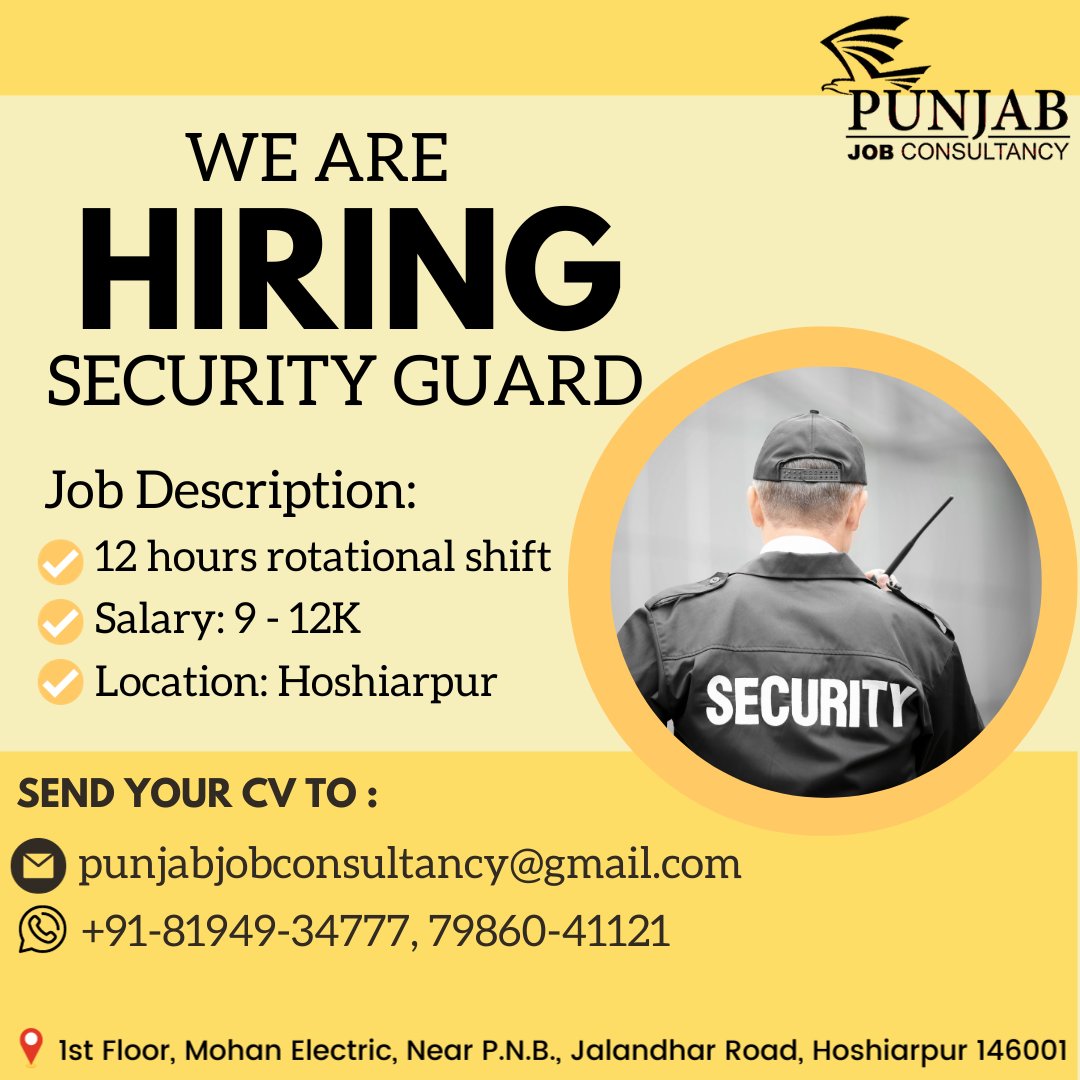 KomalTh02528362's tweet photo. 👀 We're looking for a #SecurityGuard
📞Contact Us: 81949-34777, 79860-41121
Share your CV: punjabjobconsultancy@gmail.com
#Safety #Security #SecurityGuardJobs #PunjabJobConsultancy #HoshiarpurJobs https://t.co/t2Y355rCjb